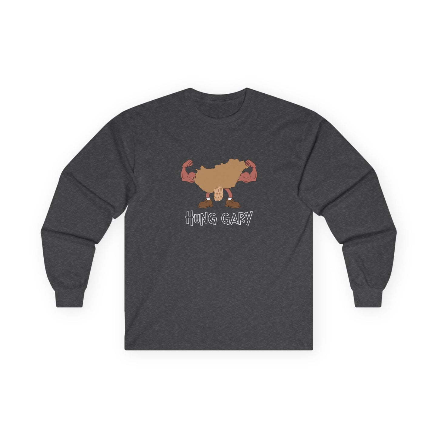 Hung Gary pun long sleeve shirt: Hungary map illustration flexing muscles with an adult-themed pixelated graphic. Funny geography.