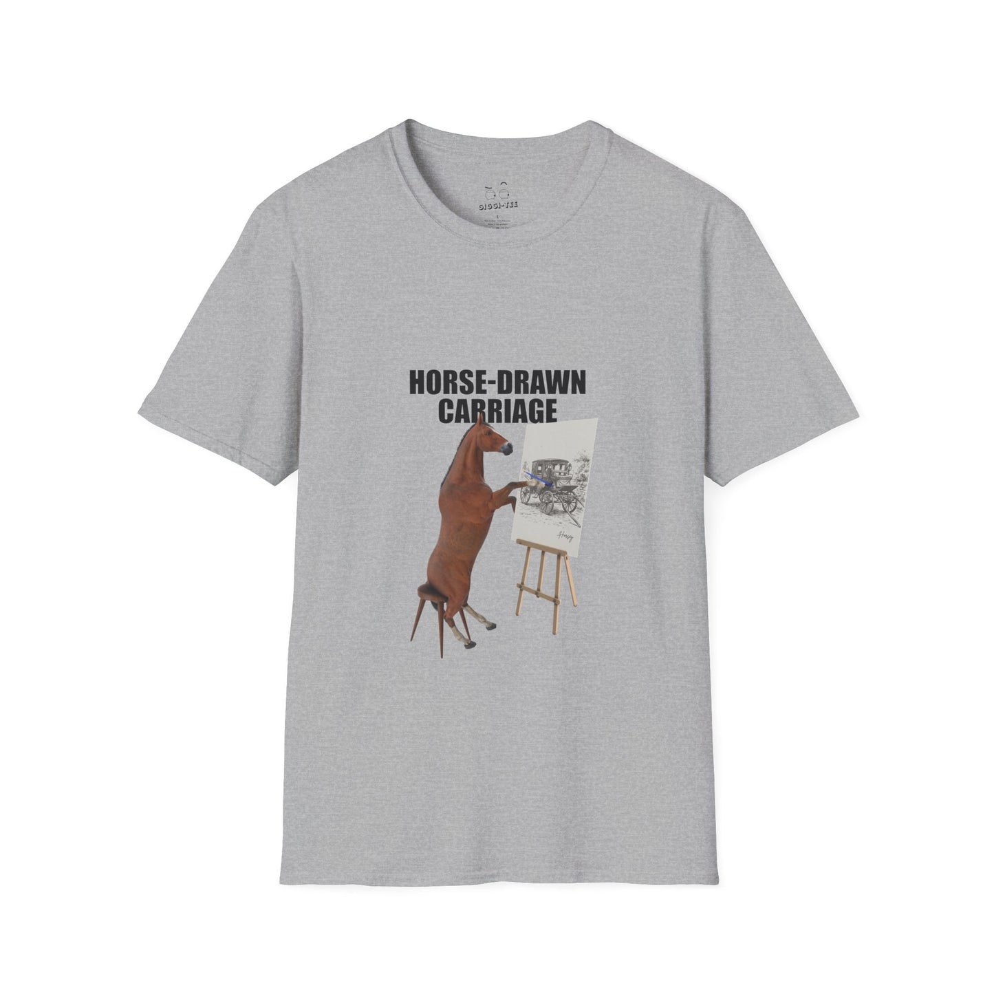 T-shirt featuring a derpy horse head mask mid-neigh, wide-eyed, “Ketamine?” in colorful handwritten letters above, and “never heard of it” on a black rectangle on its neck.