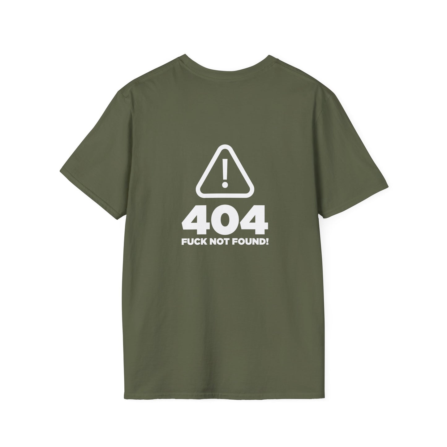 back print t-shirt with a digital "404 Error" window graphic stating "Error: No Fucks Found" in a computer system font.