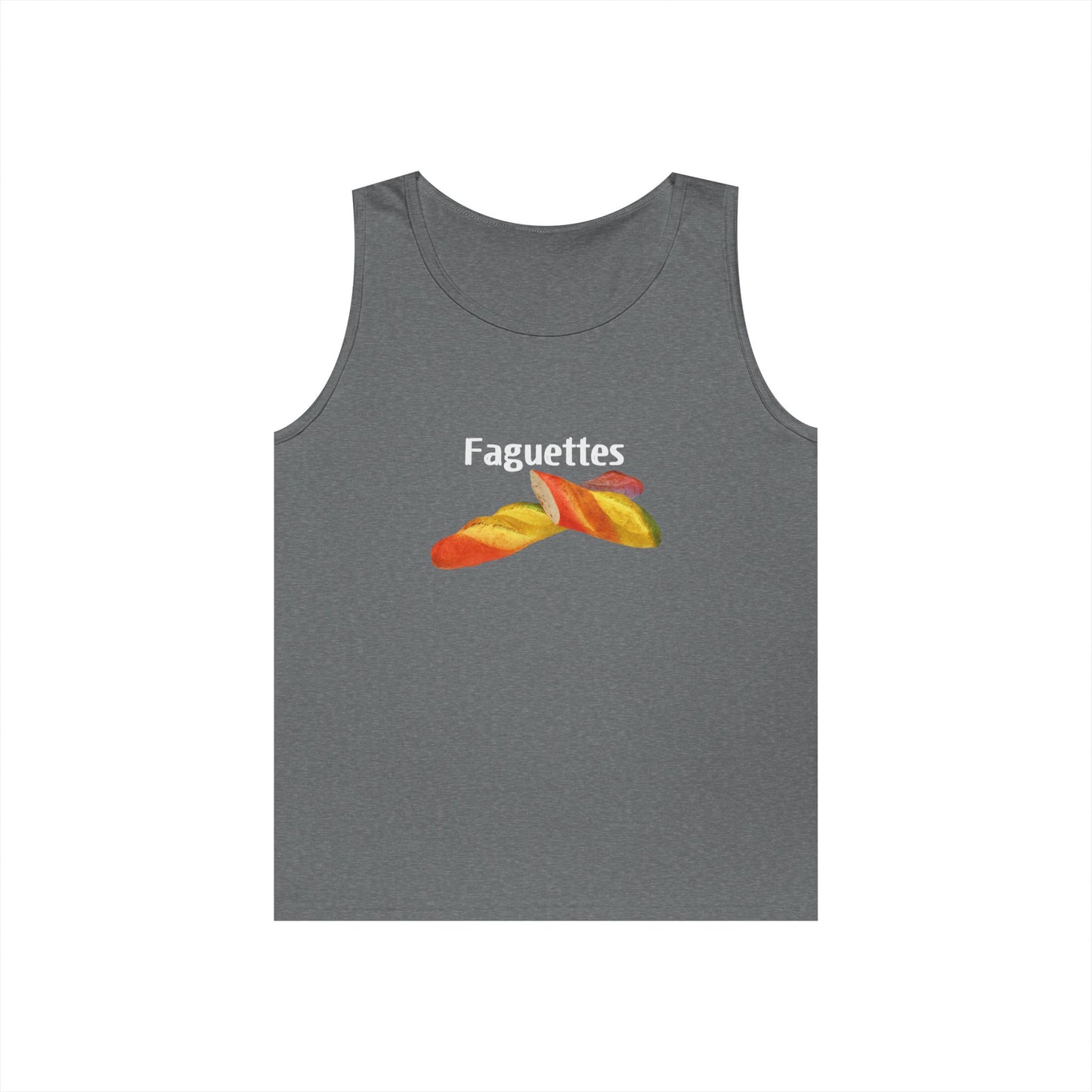 Sleeveless tank top featuring a colorful rainbow baguette parody graphic called “Faguettes” with bold pride-inspired colors.