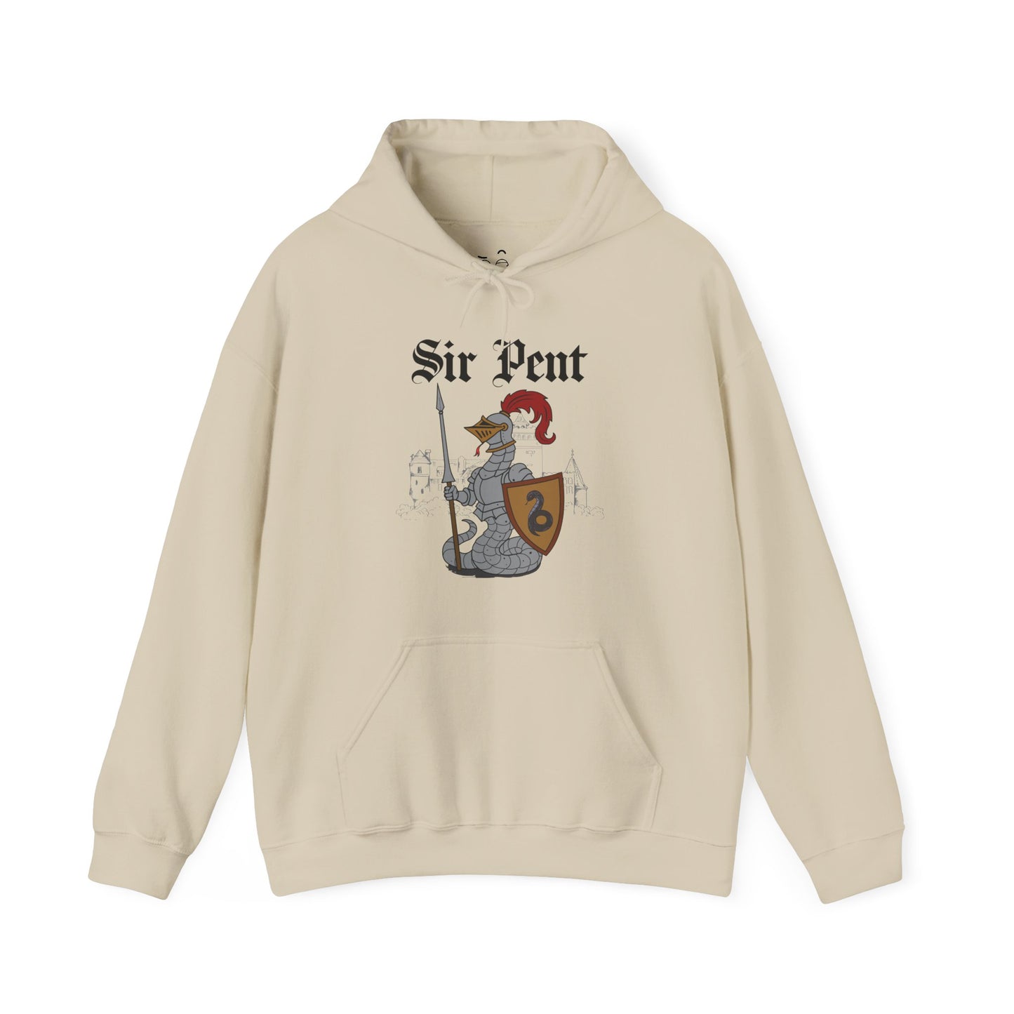Sir Pent fantasy hoodie featuring a serpent wearing medieval knight armor