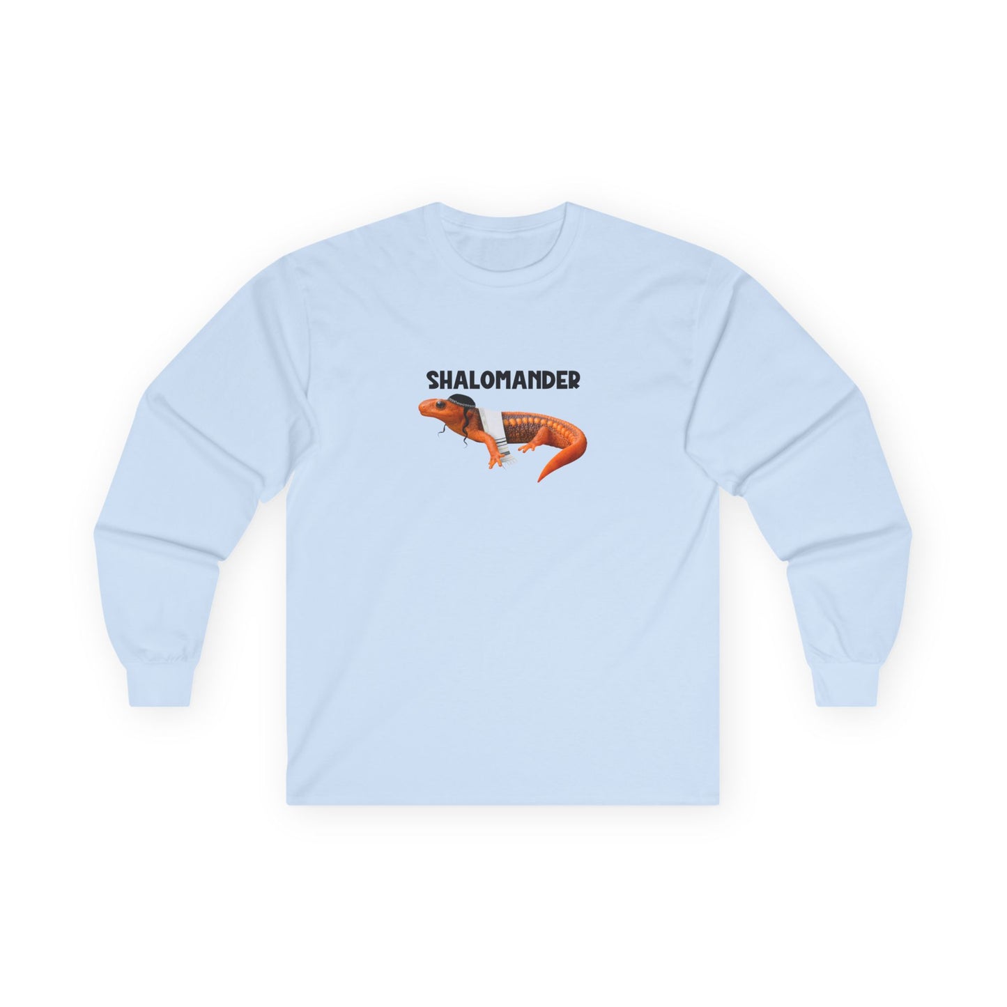 Shalomander: Funny Jewish pun long sleeve shirt featuring a salamander wearing a tallit prayer shawl, kippah, and payot.