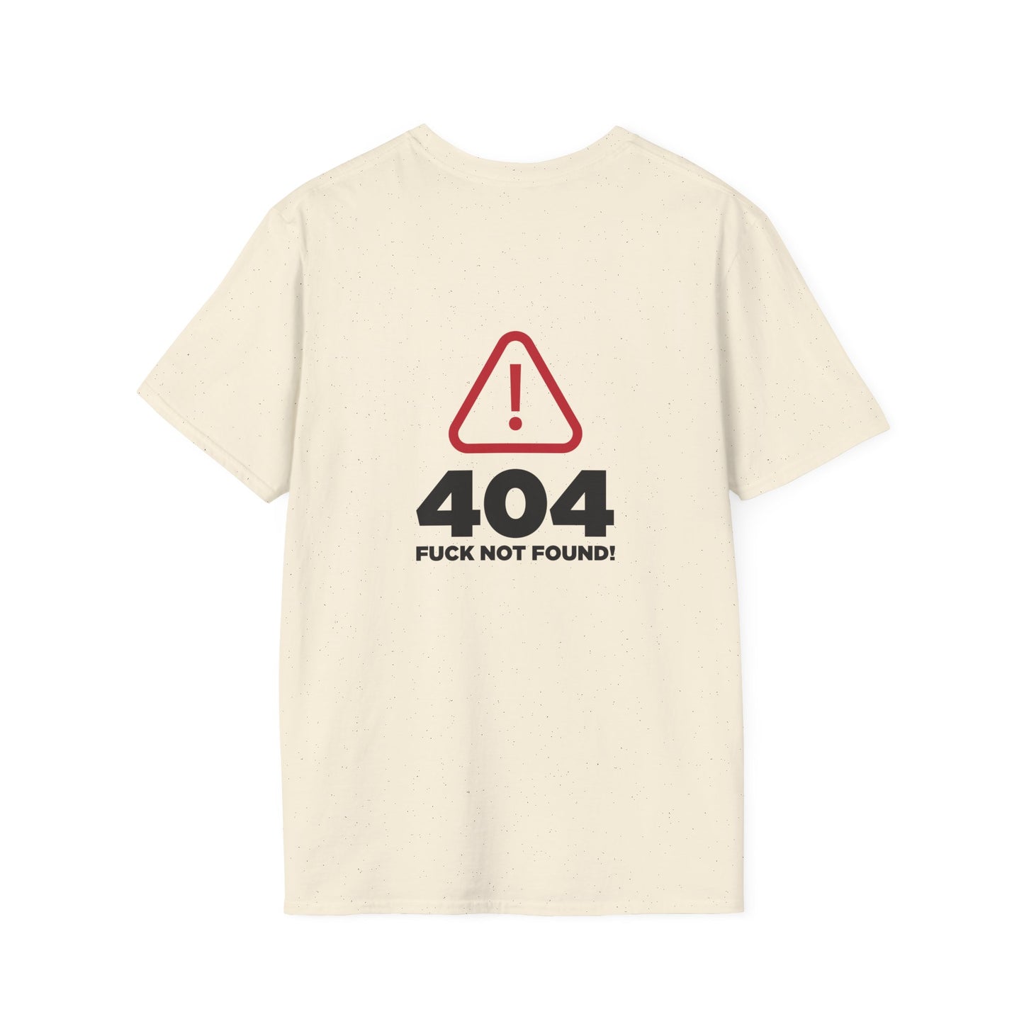 back print t-shirt with a digital "404 Error" window graphic stating "Error: No Fucks Found" in a computer system font.