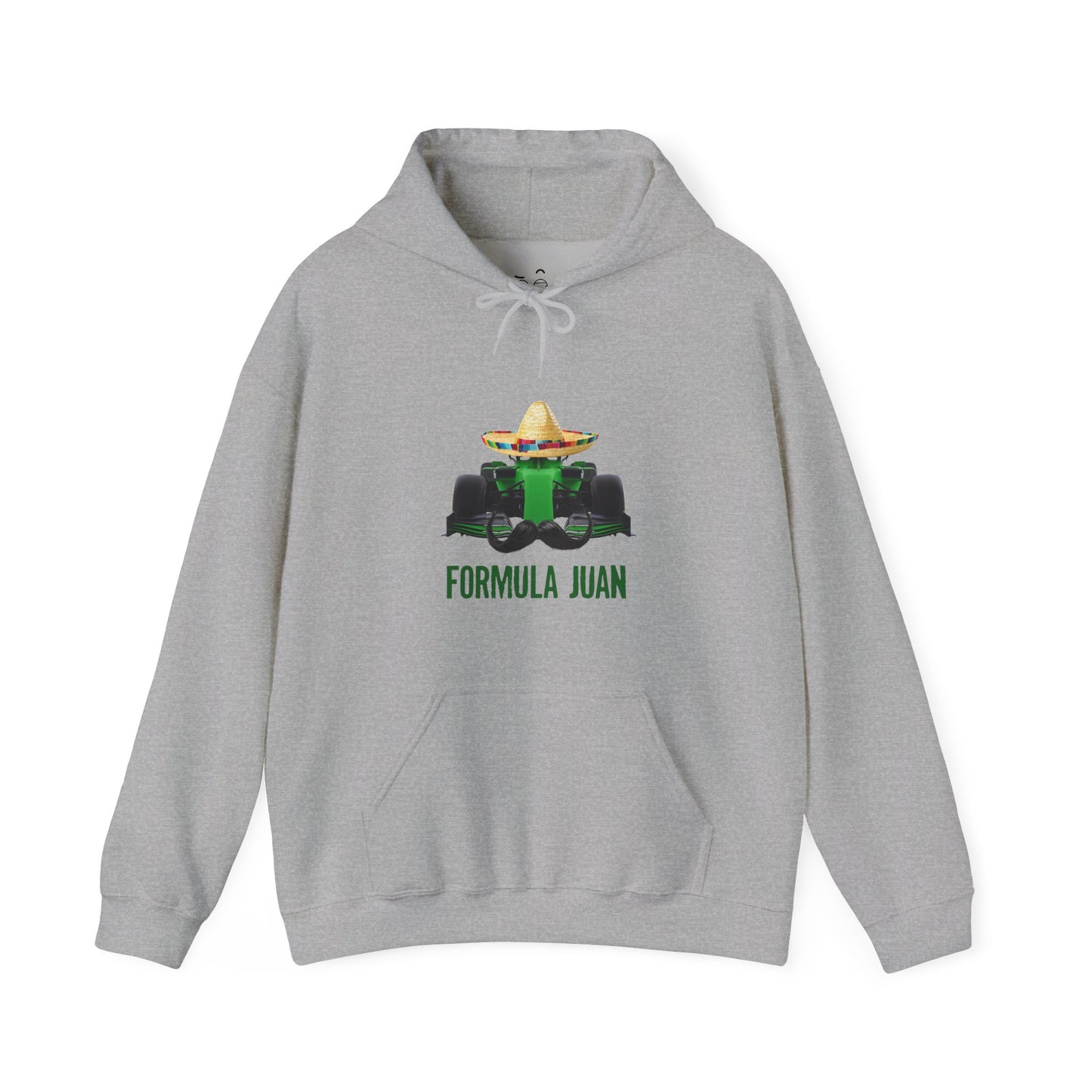 Formula Juan racing hoodie featuring a green race car with sombrero and mustache