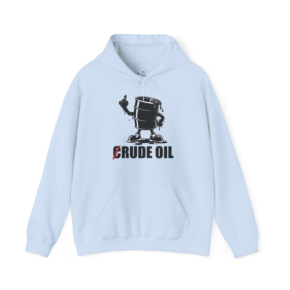 Graphic hoodie featuring a Rude Oil illustration of an oil barrel giving the middle finger with an oil-shaped hand, alongside the crossed-out C in Crude Oil.