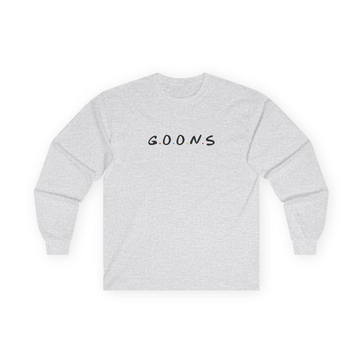 Goons long sleeve shirt design featuring the logo of friends comedy sitcom, humorous parody apparel