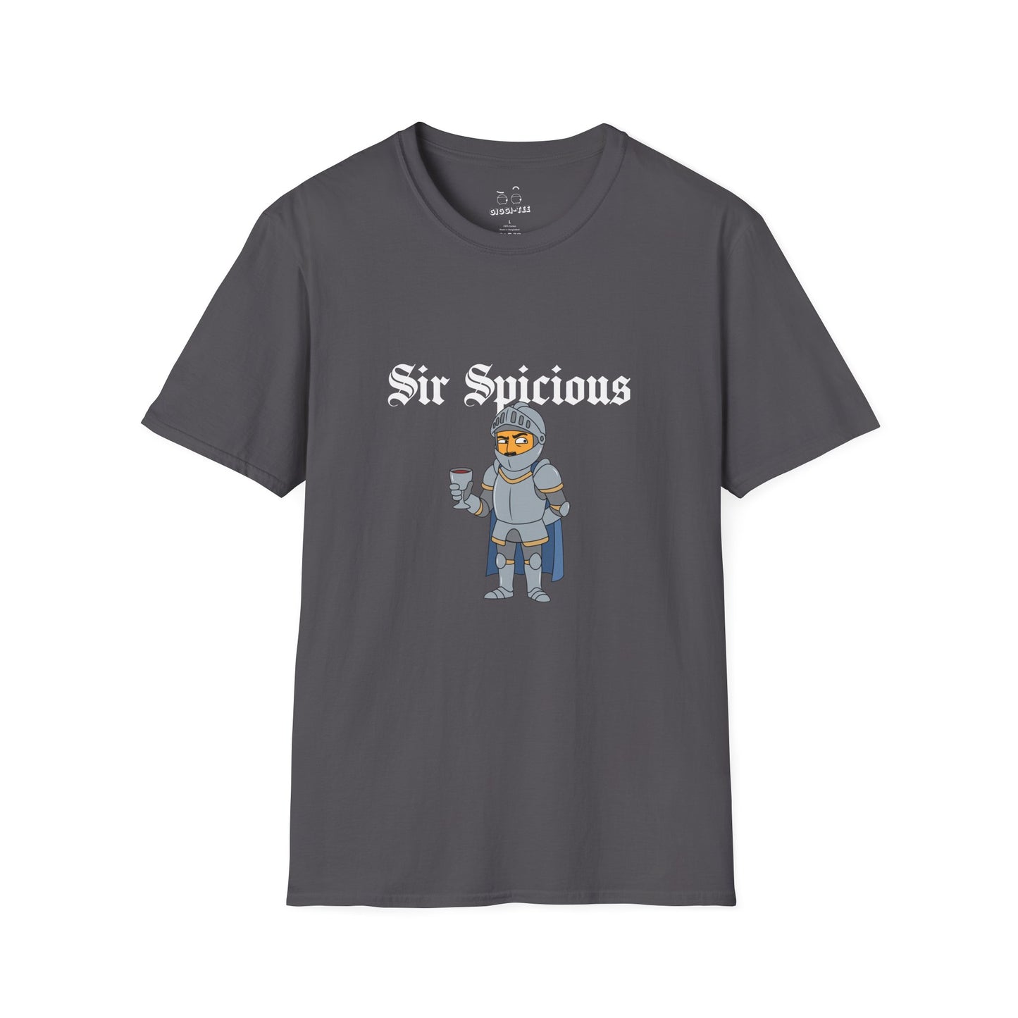 Sir Spicious suspicious funny medieval pun knight graphic on a white t-shirt