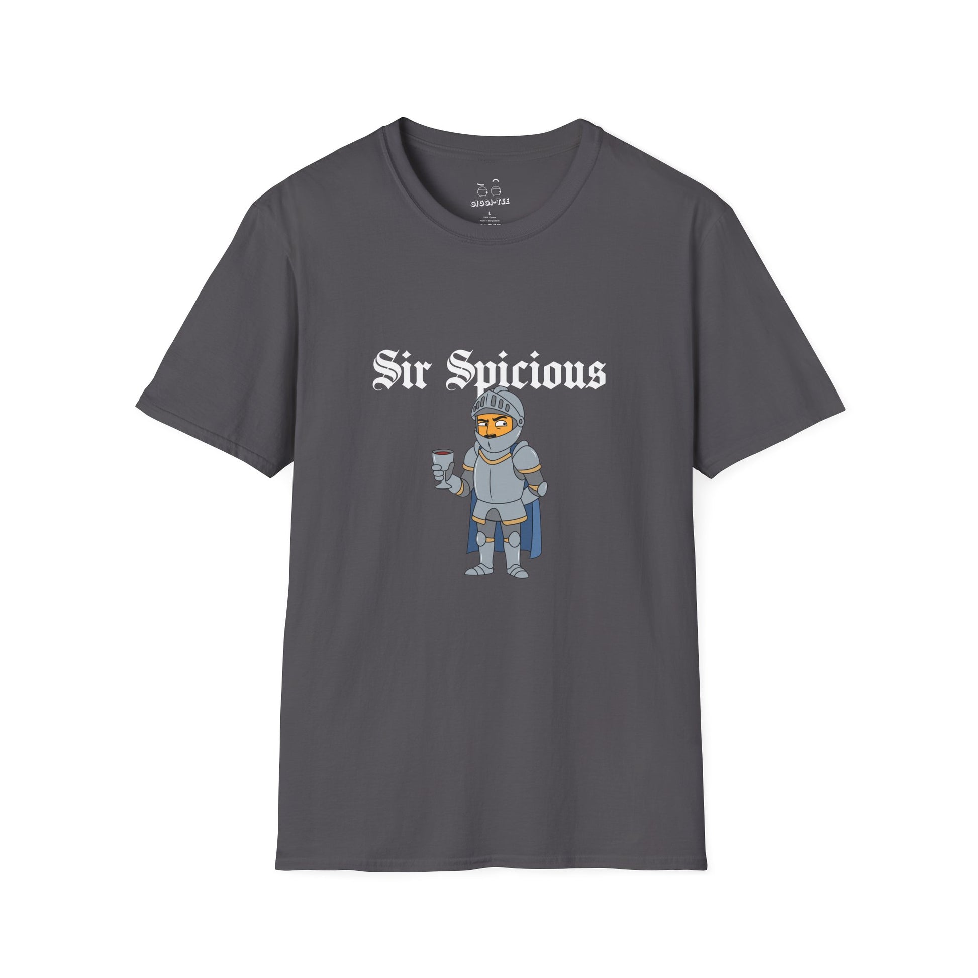 Sir Spicious suspicious funny medieval pun knight graphic on a white t-shirt