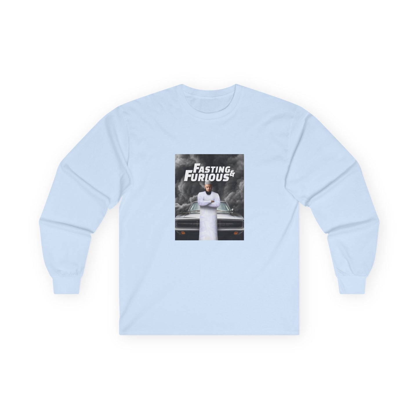 Fast and Furious parody long sleeve shirt design featuring Vin Diesel wearing traditional Muslim clothing and a long jihadist-style beard, titled “Fasting and Furious.”