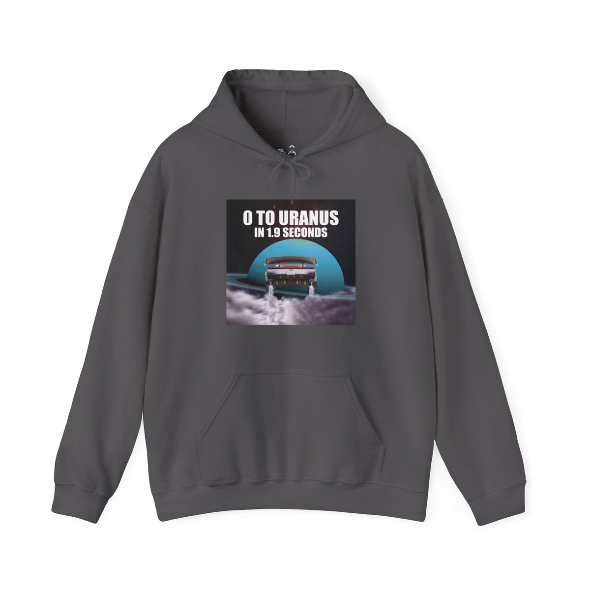 Funny Tesla Roadster meme graphic featuring a futuristic electric sports car racing toward Uranus with the text “0 to Uranus in 1.9 Seconds,” parodying Tesla's acceleration claim with a cheeky space pun.