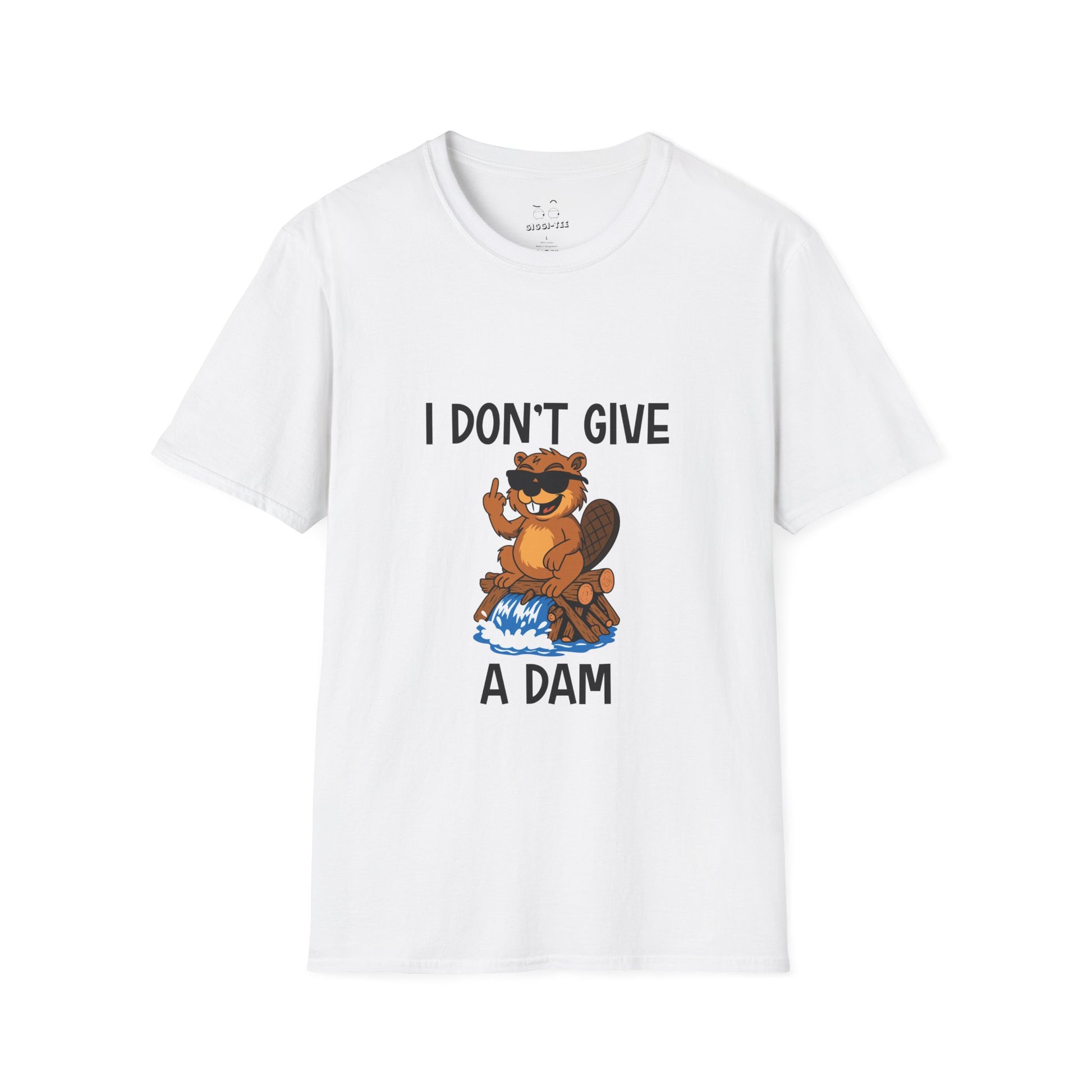 ‘I Don’t Give a Dam’ shirt featuring a cartoon beaver sitting on a dam and giving the middle finger.