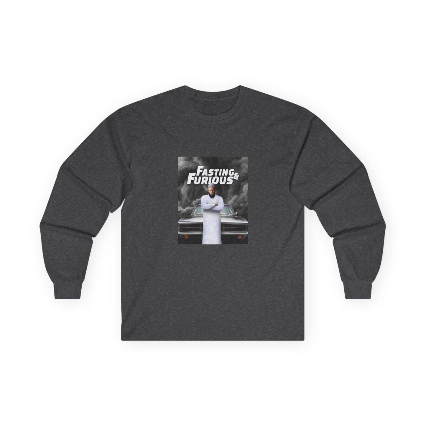 Fast and Furious parody long sleeve shirt design featuring Vin Diesel wearing traditional Muslim clothing and a long jihadist-style beard, titled “Fasting and Furious.”
