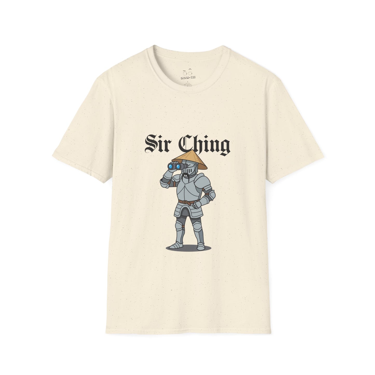 Sir Ching funny knight graphic shirt showing a goofy Asian-inspired medieval knight in shining armor searching with binoculars, wearing a cone hat and buck teeth.