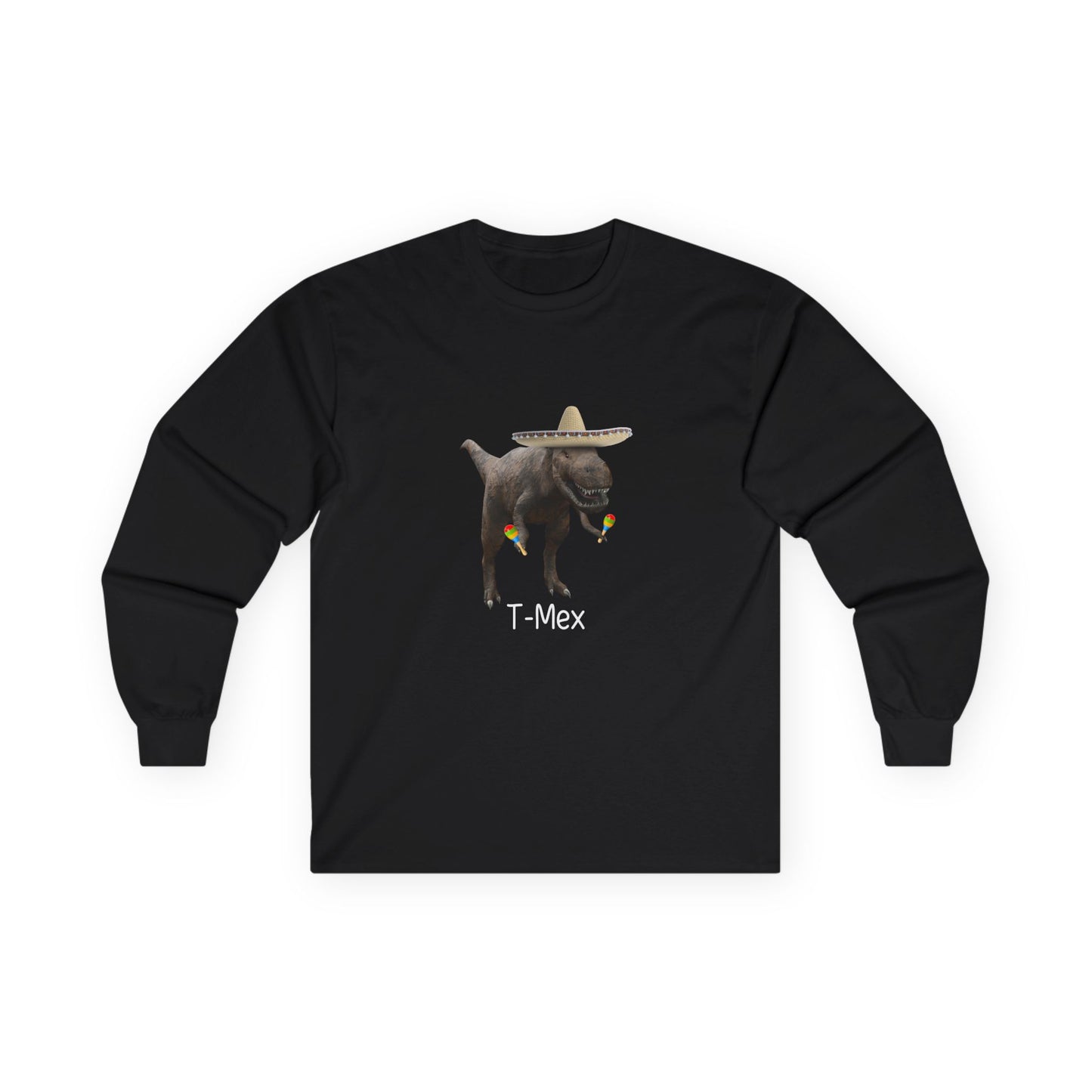 T-Mex dinosaur pun design on a long sleeve shirt featuring a festive T-Rex with a sombrero and maracas.