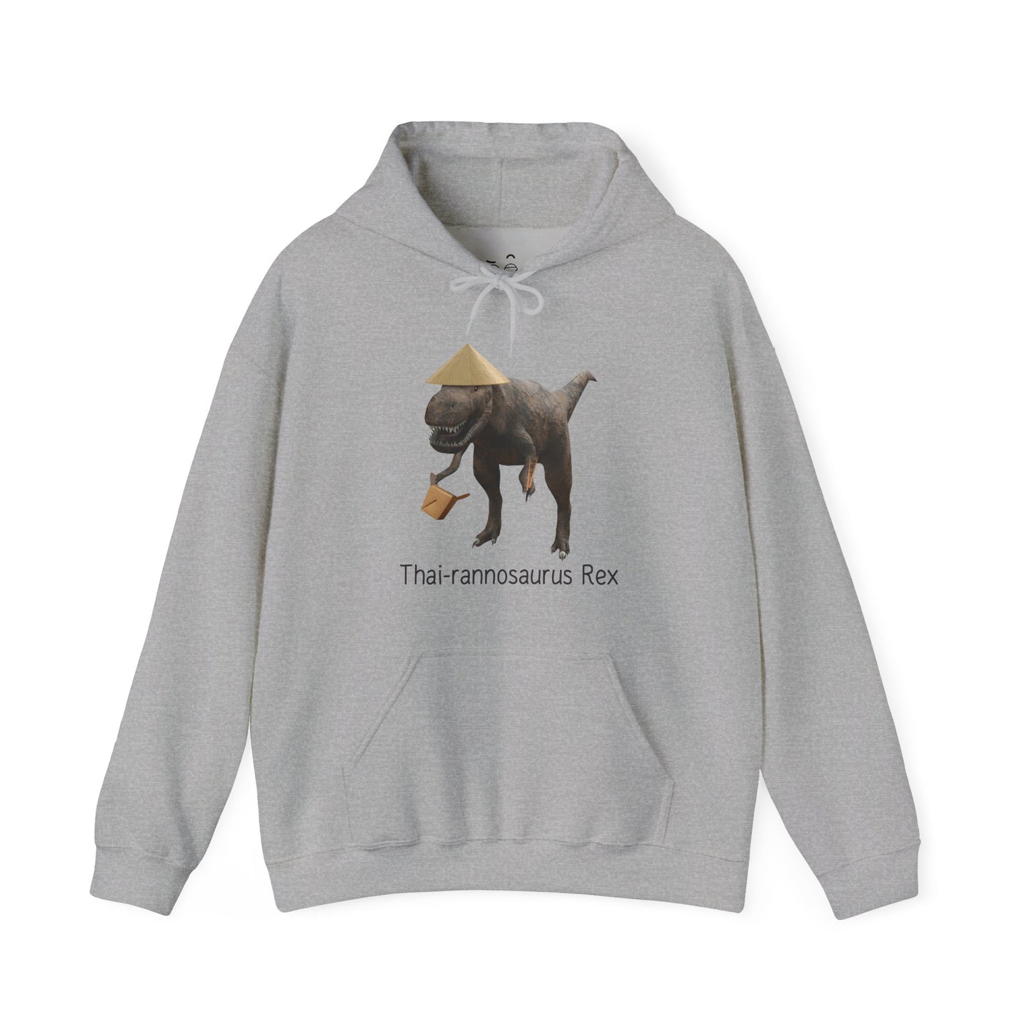 Thai-rannosaurus Rex hoodie featuring a T-Rex with chopsticks and takeout box