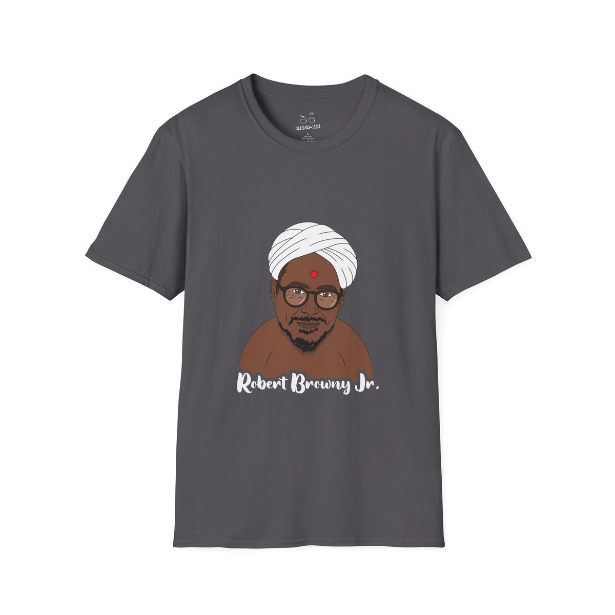 Parody shirt design featuring a comic illustration of Robert Downey Jr. as an Indian man wearing a white turban and bindi, with the text 'Robert Browny Jr.' underneath.