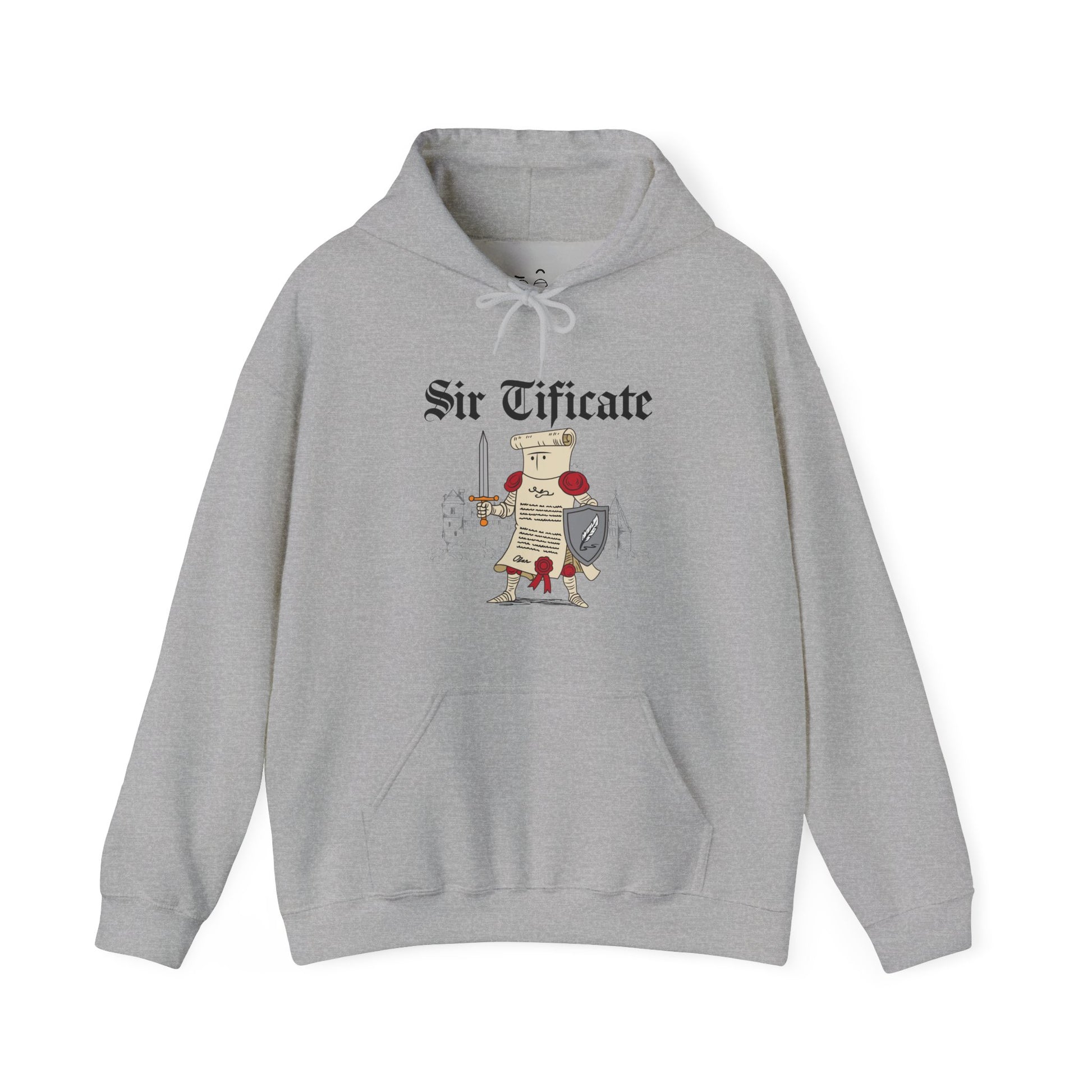 Sir Tificate hoodie design featuring a certificate dressed as a medieval knight