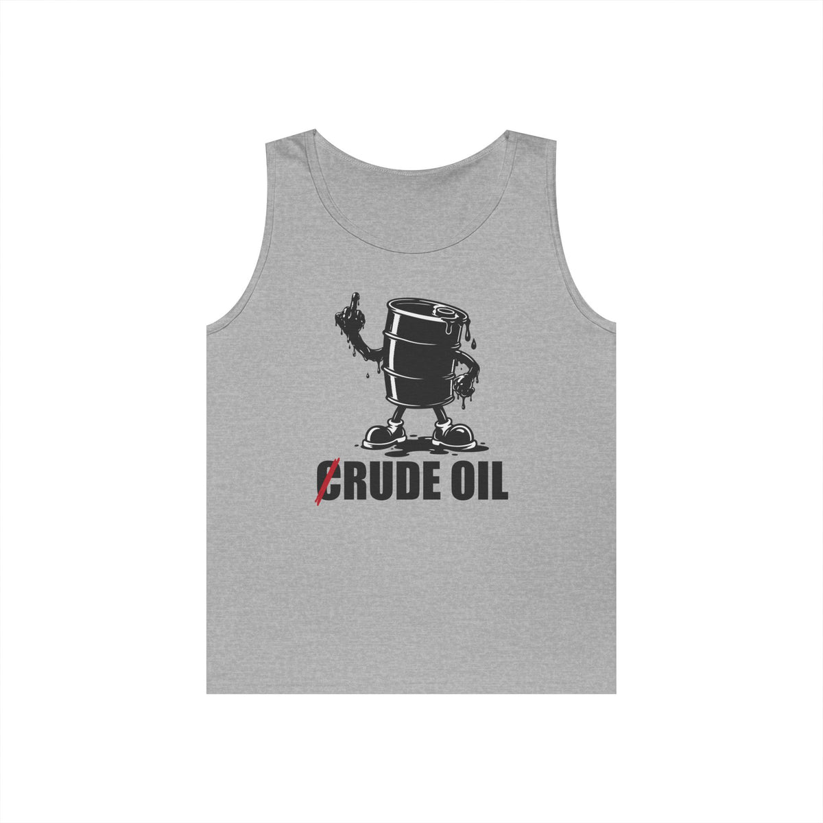 Graphic tank top featuring an illustrated Rude Oil barrel giving the middle finger with an oil-shaped hand and the C in Crude Oil crossed out.