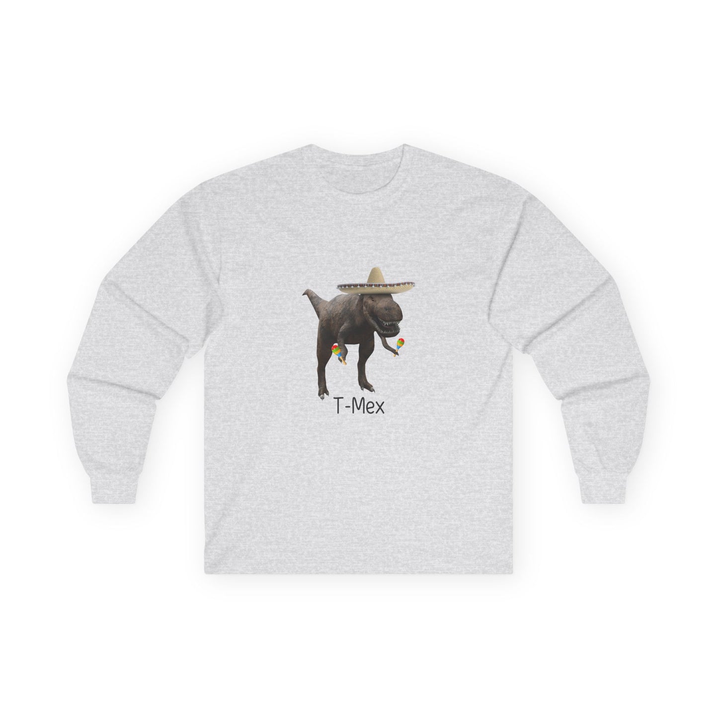 T-Mex dinosaur pun design on a long sleeve shirt featuring a festive T-Rex with a sombrero and maracas.