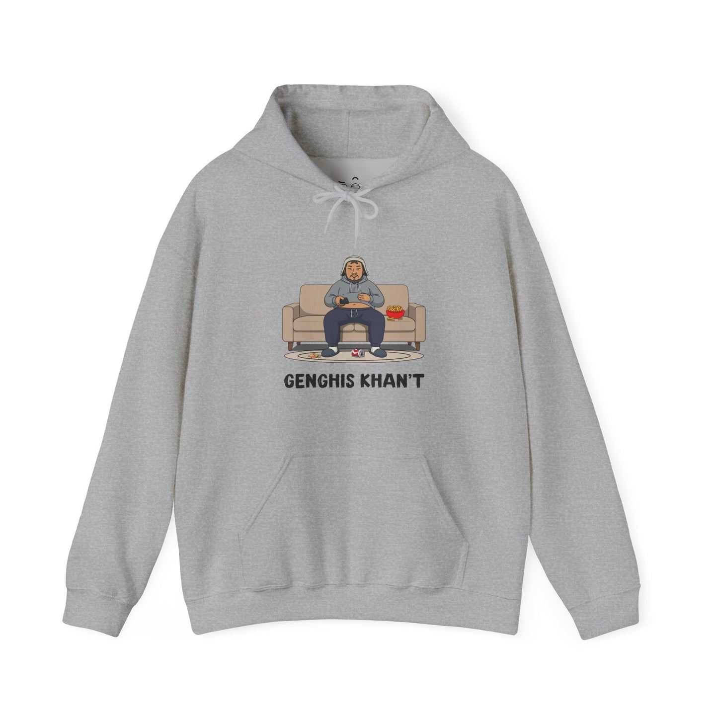 Genghis Khan’t parody hoodie featuring Genghis Khan sitting on a couch in pajamas holding a TV remote
