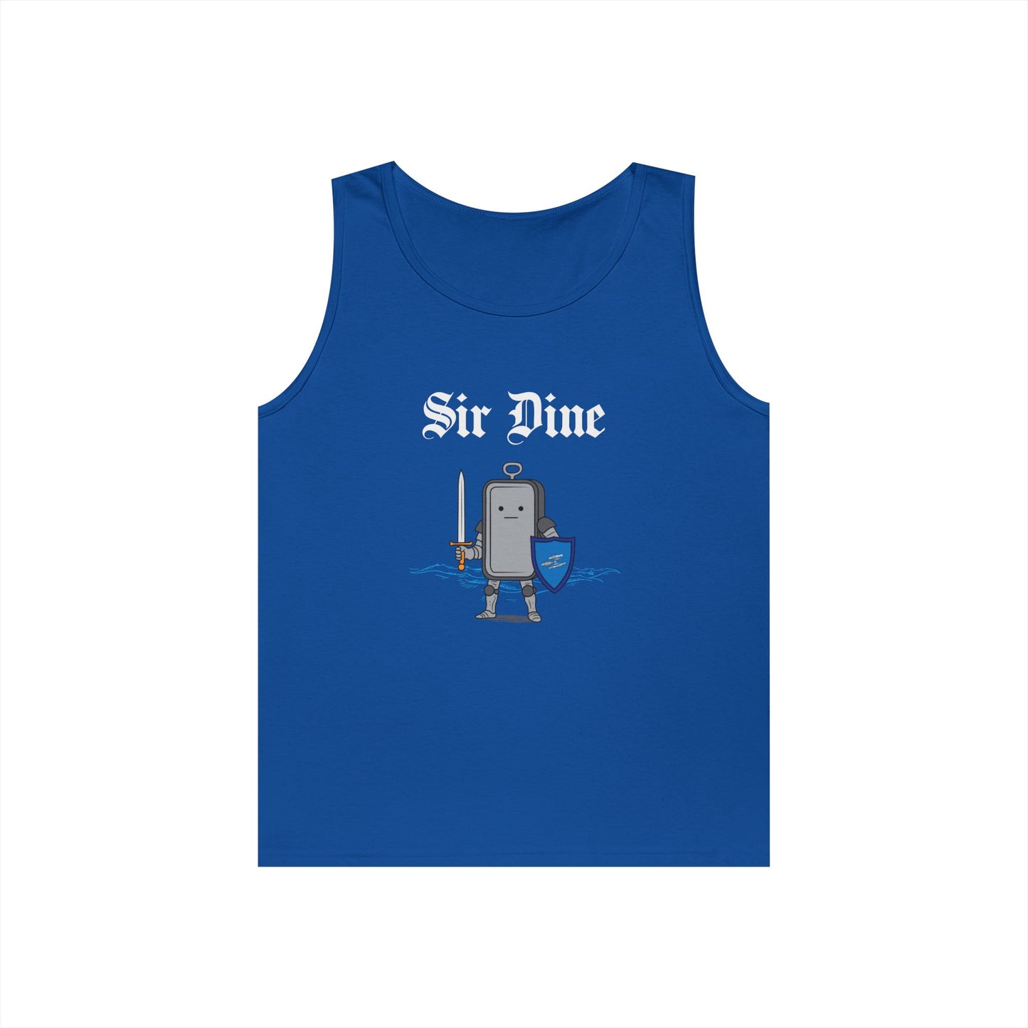 Sir Dine funny medieval tank top with armored sardine can. Clever sardine pun design.