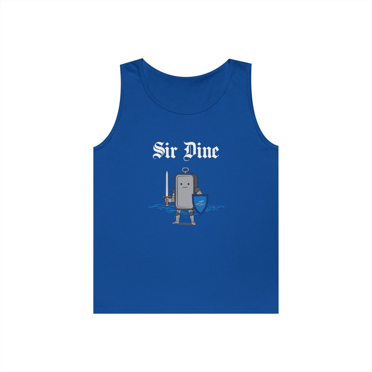 Sir Dine funny medieval tank top with armored sardine can. Clever sardine pun design.