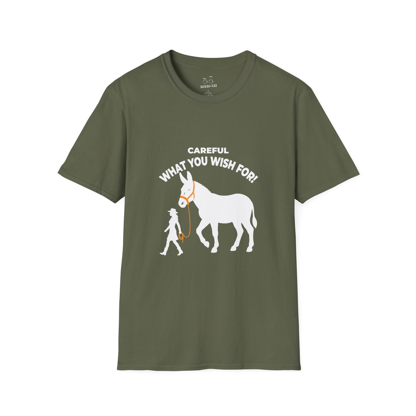 Funny Big Ass t-shirt featuring a woman walking a giant donkey on a leash with the phrase Careful What You Wish For