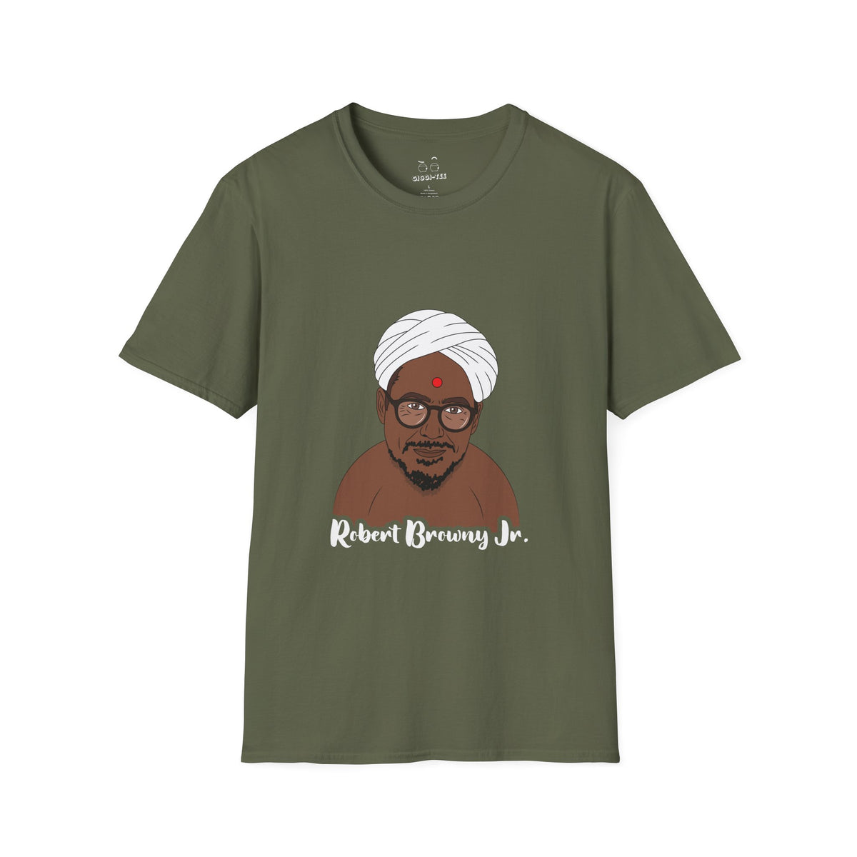 Parody shirt design featuring a comic illustration of Robert Downey Jr. as an Indian man wearing a white turban and bindi, with the text 'Robert Browny Jr.' underneath.
