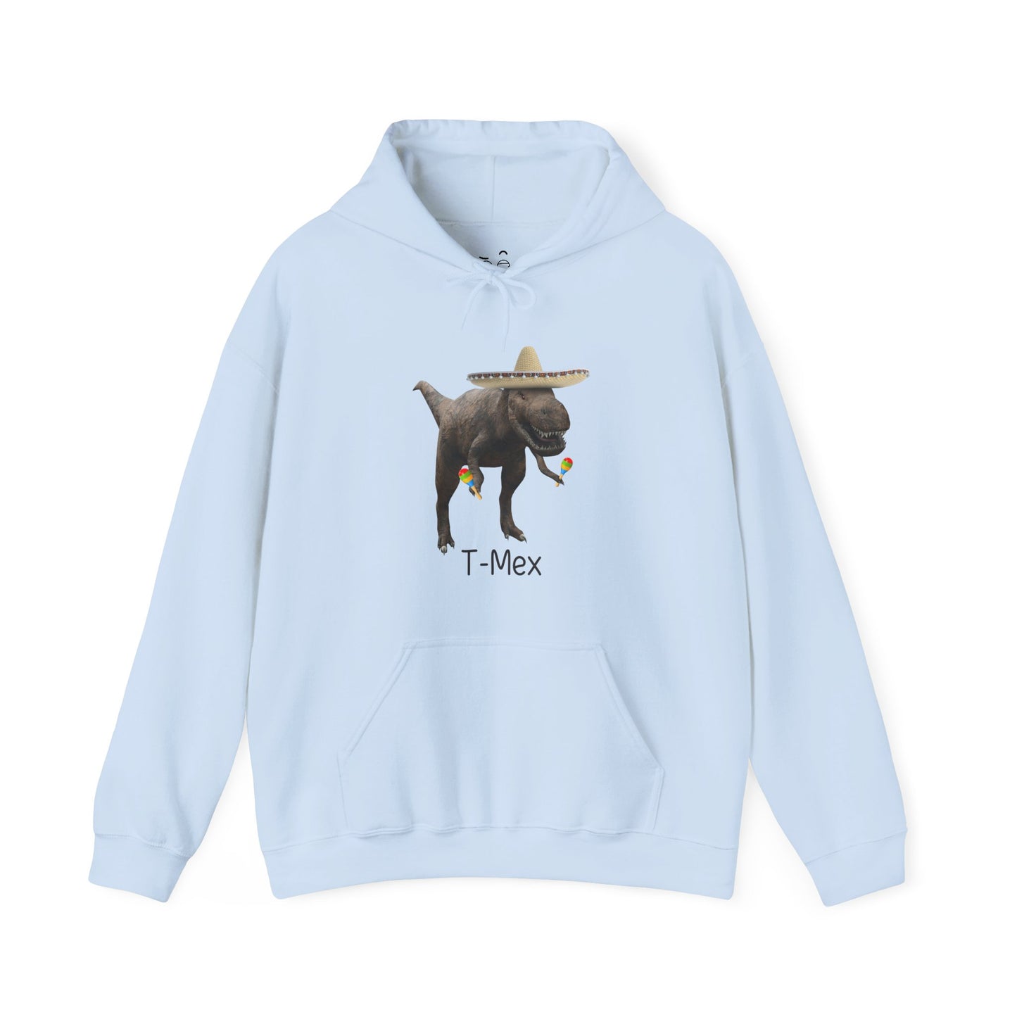 T-Mex dinosaur hoodie graphic with a T-Rex wearing a sombrero and holding maracas
