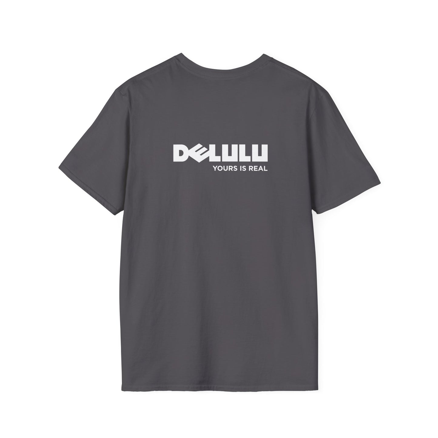 Delulu parody back print t-shirt design with Dell logo transformed into the word ‘Delulu’, nerdy tech humor shirt, laptop and computer fan gift