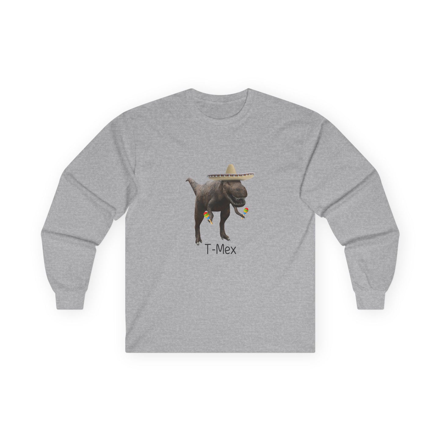 T-Mex dinosaur pun design on a long sleeve shirt featuring a festive T-Rex with a sombrero and maracas.