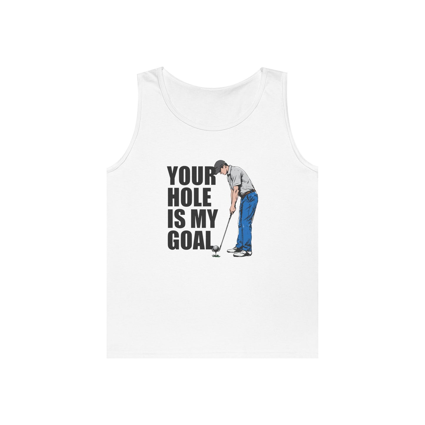 Funny golf design featuring a golfer with a golf club and ball on the pin, with the text “Your Hole Is My Goal.”