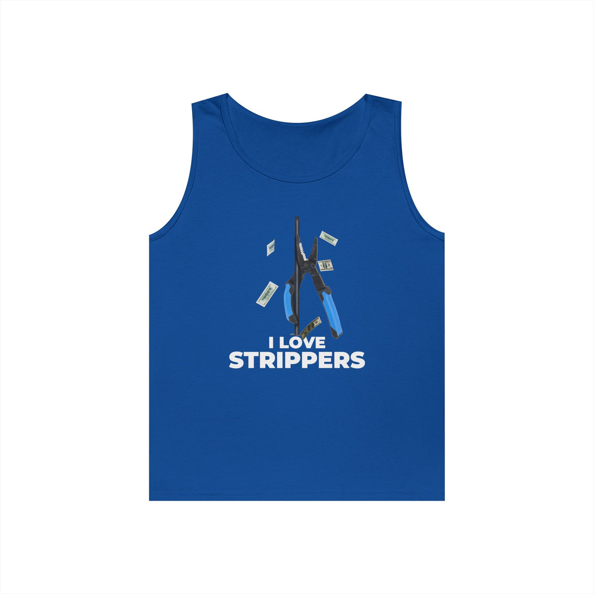 I Love Strippers tank top featuring a wire stripper dancing on a pole with flying dollar bills, funny electrician pun graphic.
