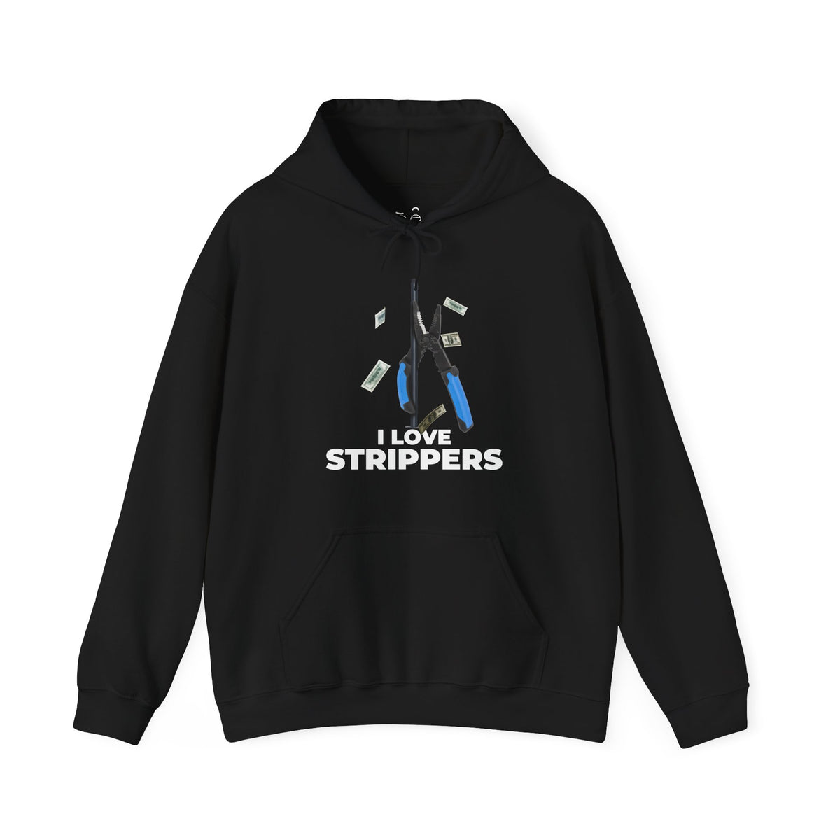 I Love Strippers Hoodie with a wire stripper dancing on a pole and dollar bills flying around, funny electrician graphic.