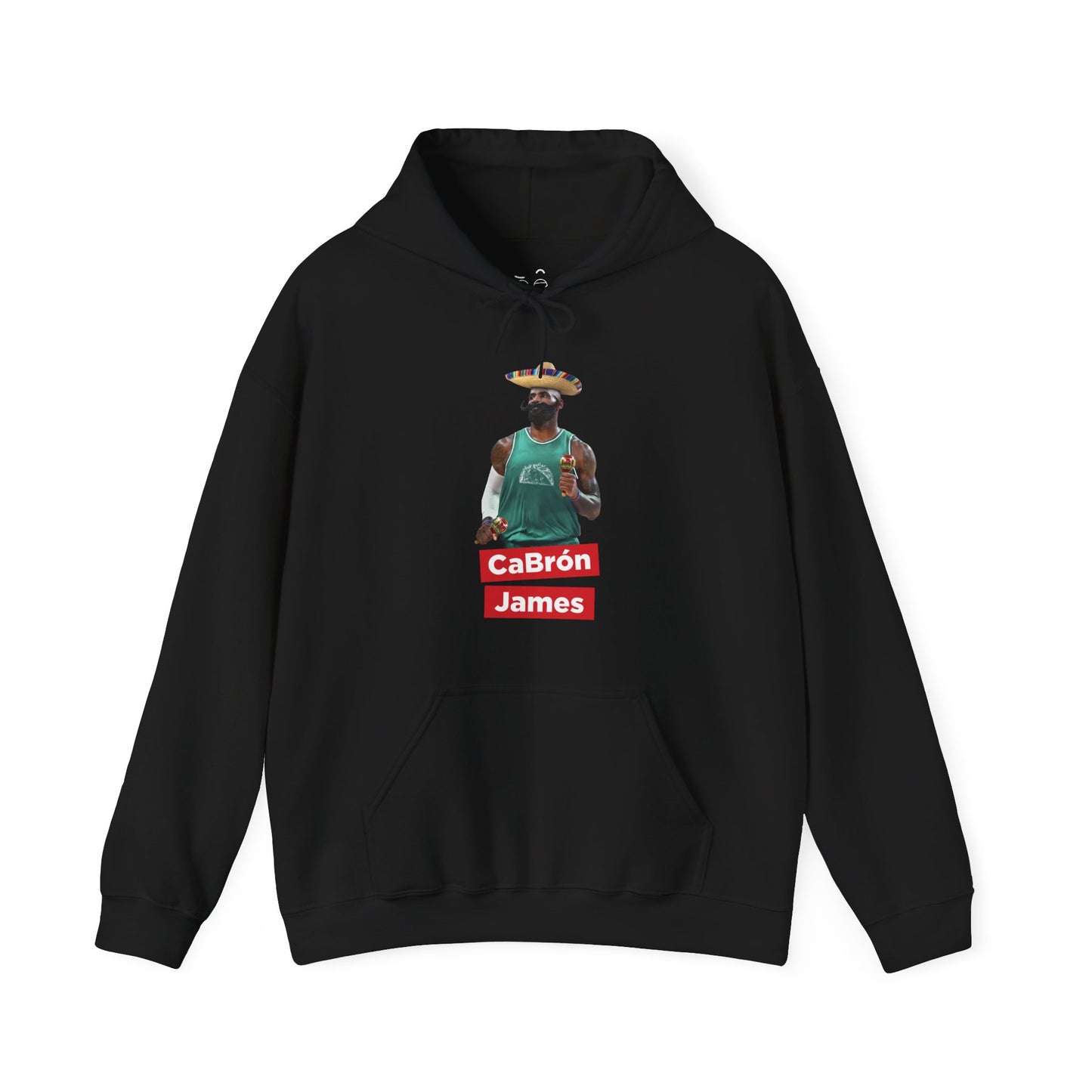 CaBron James parody design featuring LeBron James with a sombrero, giant mustache, maracas, and taco-themed basketball jersey printed on a hoodie.