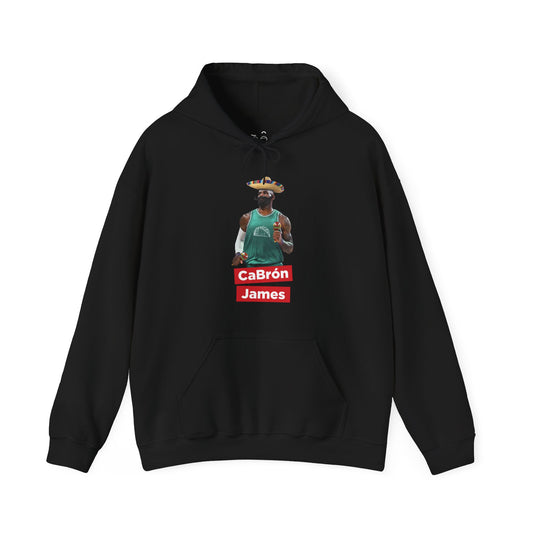 CaBron James parody design featuring LeBron James with a sombrero, giant mustache, maracas, and taco-themed basketball jersey printed on a hoodie.