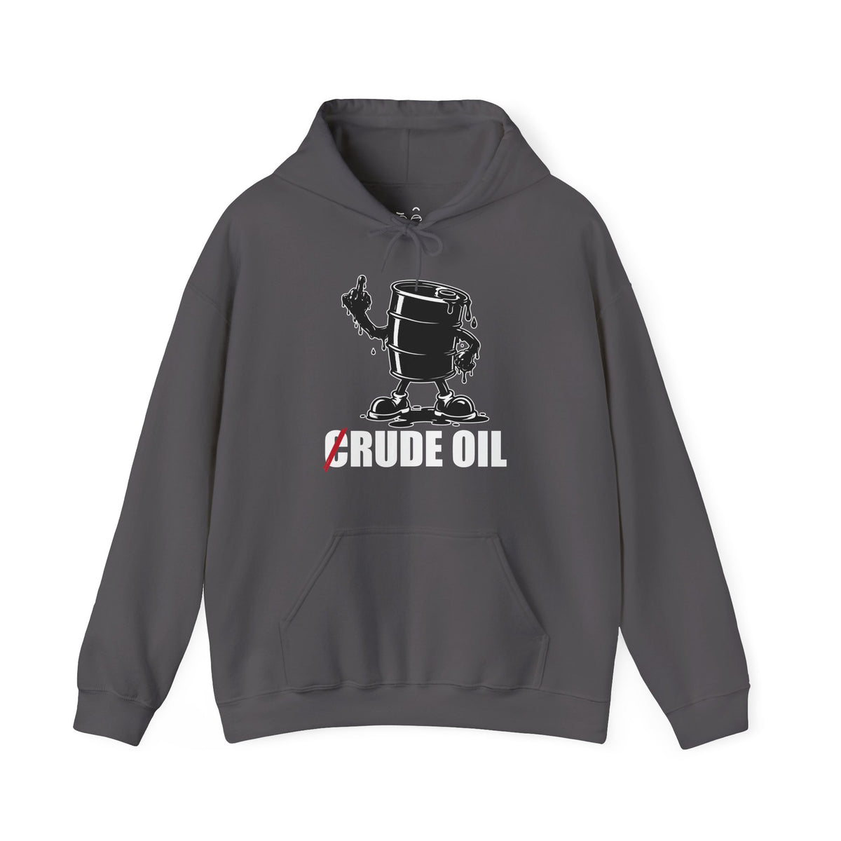 Graphic hoodie featuring a Rude Oil illustration of an oil barrel giving the middle finger with an oil-shaped hand, alongside the crossed-out C in Crude Oil.