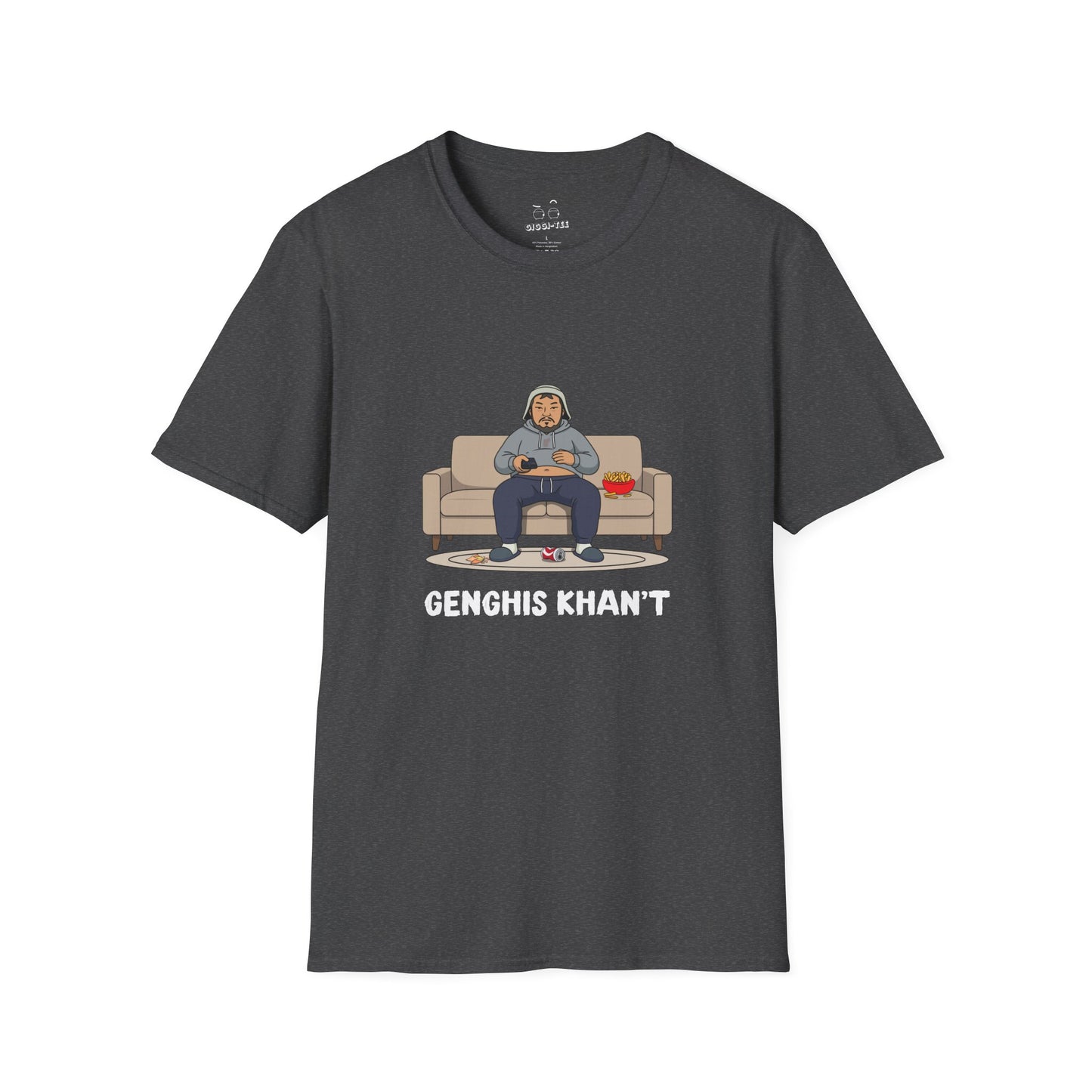 Genghis Khan't featuring Genghis Khan wearing gray sweatpants and hoodie, lounging on a couch in front of a TV, modern humorous historical parody t-shirt design