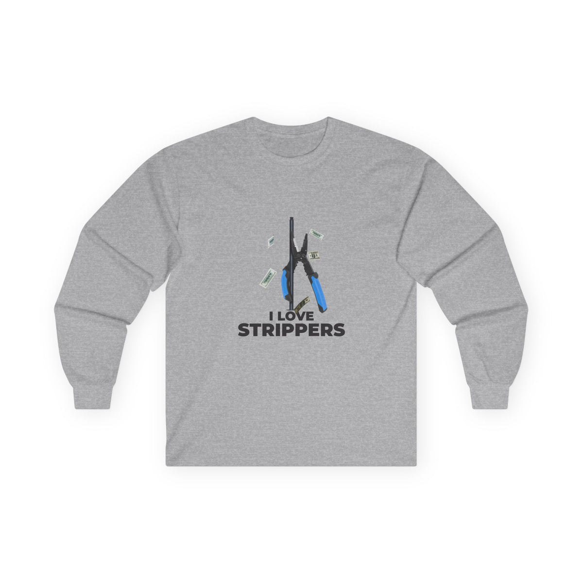 I Love Strippers long sleeve shirt featuring a dancing wire stripper on a pole with flying money, funny electrical tool pun.