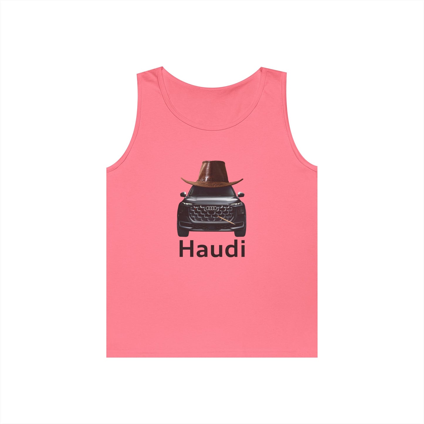 Haudi funny car tank top featuring an Audi wearing a cowboy hat and toothpick