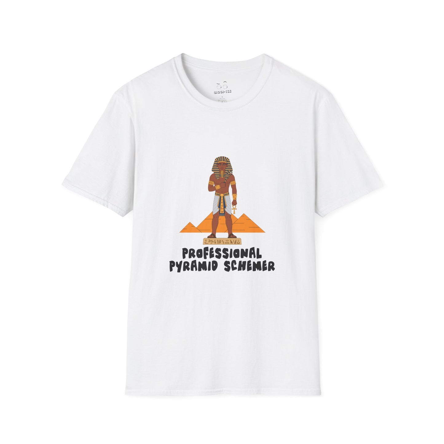 Shirt featuring an illustration of a pharaoh standing in front of pyramids with the text “Professional Pyramid Schemer” in a humorous wordplay design.
