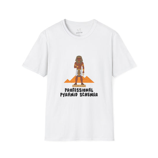 Shirt featuring an illustration of a pharaoh standing in front of pyramids with the text “Professional Pyramid Schemer” in a humorous wordplay design.