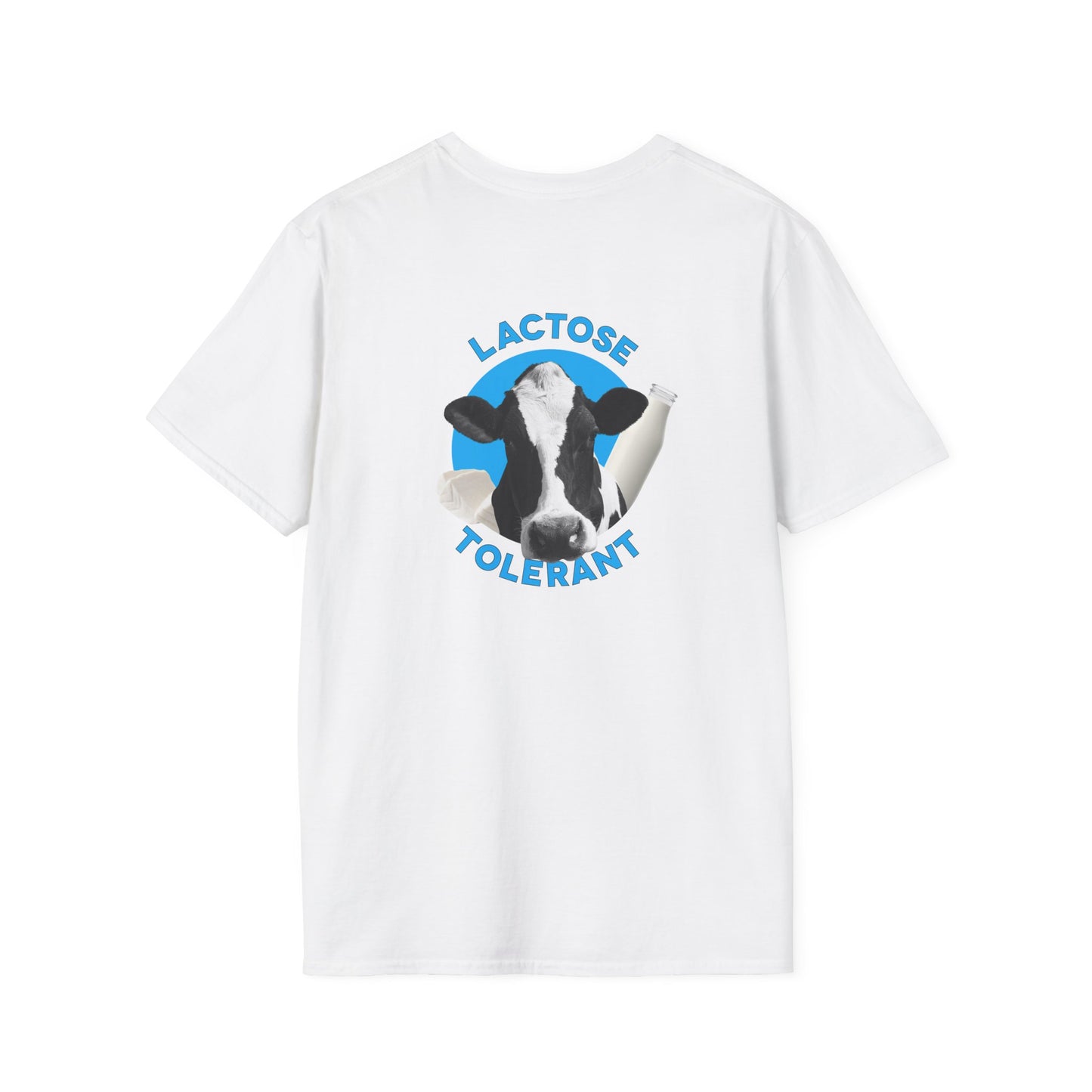 Lactose Tolerant t-shirt featuring cow illustration with milk bottle and cheese, funny dairy lover shirt for men and women.