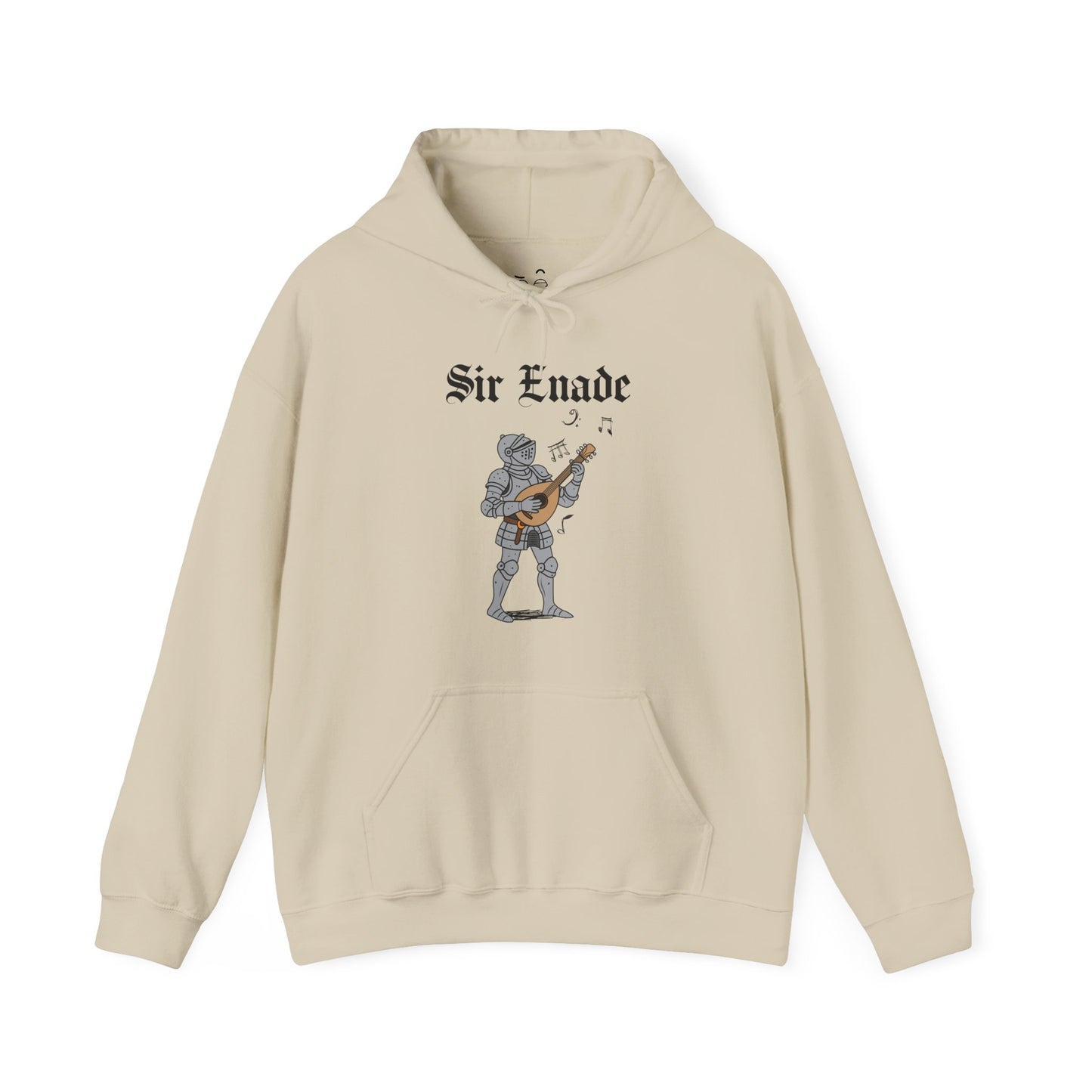 Sir Enade medieval hoodie featuring a knight playing a lute