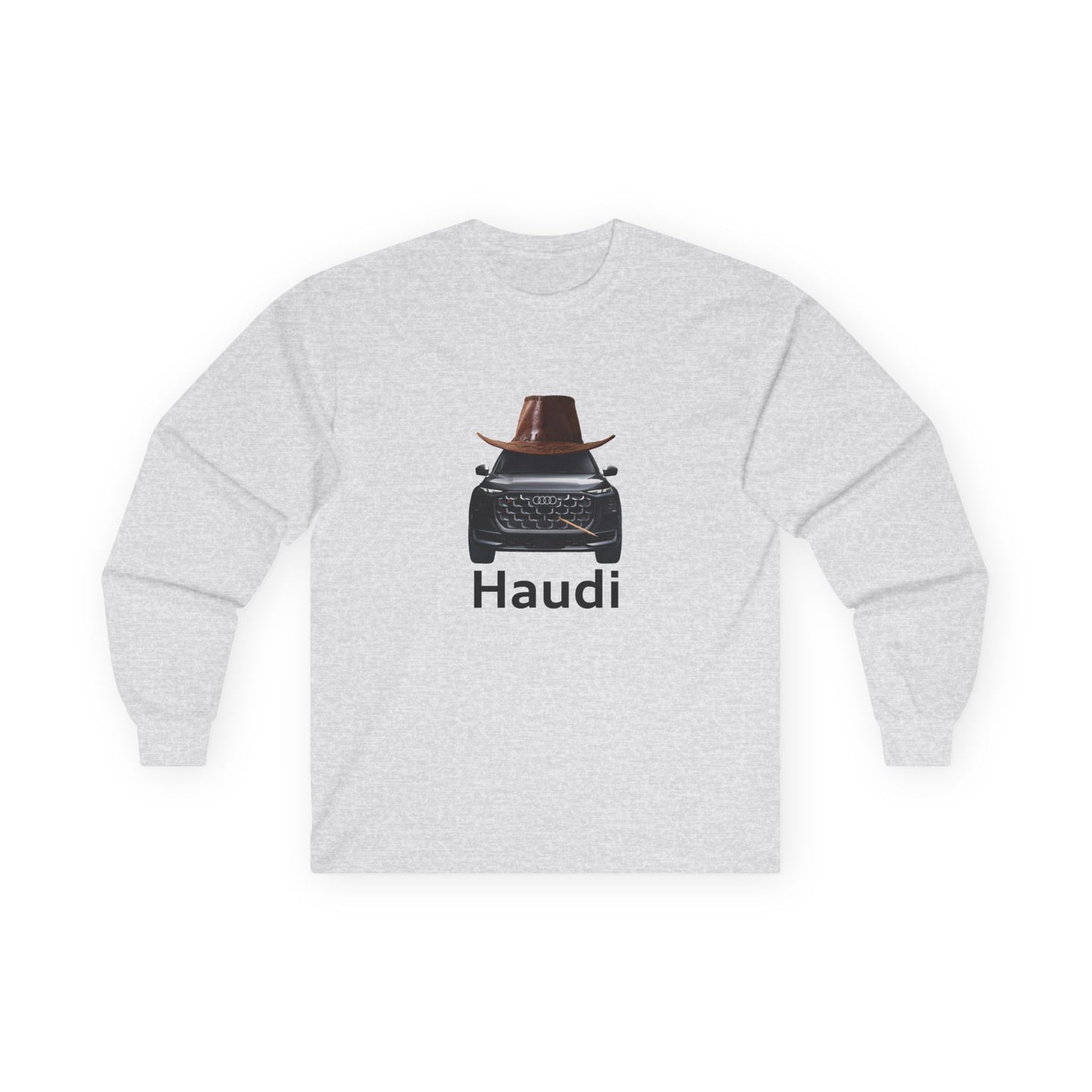 Haudi funny car long sleeve shirt showing an Audi with cowboy hat and toothpick