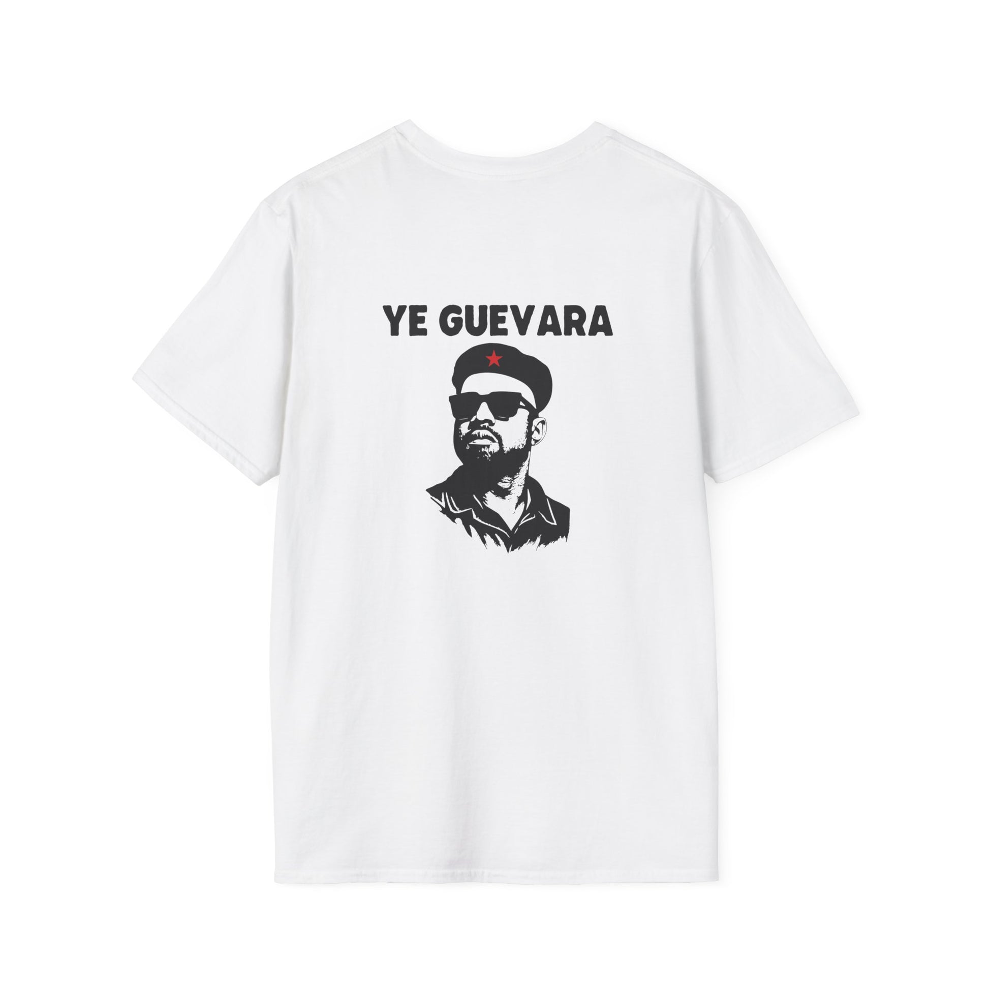 Parody illustration of Kanye West portrayed in the iconic Che Guevara revolutionary poster style wearing a beret back print shirt design