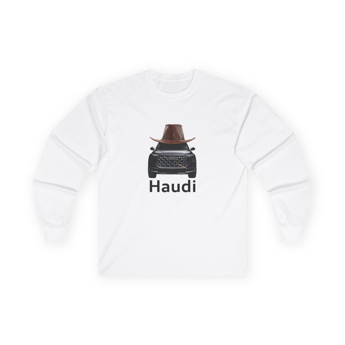 Haudi funny car long sleeve shirt showing an Audi with cowboy hat and toothpick