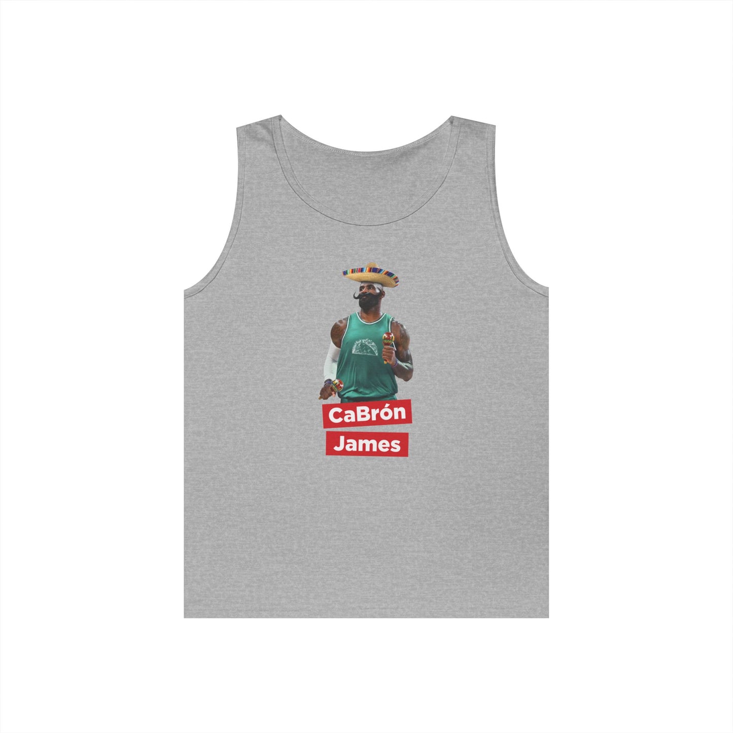 CaBron James graphic featuring LeBron James with a sombrero, oversized mustache, maracas, and taco basketball jersey printed on a tank top.