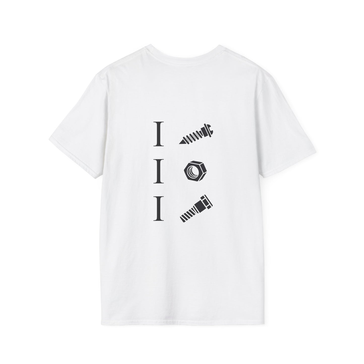 back print t-shirt with icons of a screw, nut, and bolt alongside text ‘I Screw I Nut I Bolt,’ pun design.