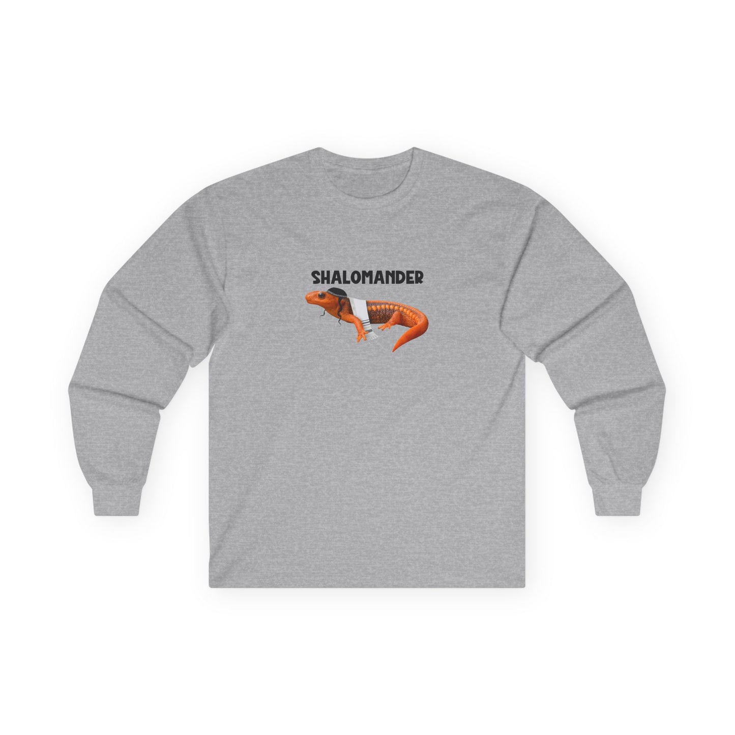 Shalomander: Funny Jewish pun long sleeve shirt featuring a salamander wearing a tallit prayer shawl, kippah, and payot.